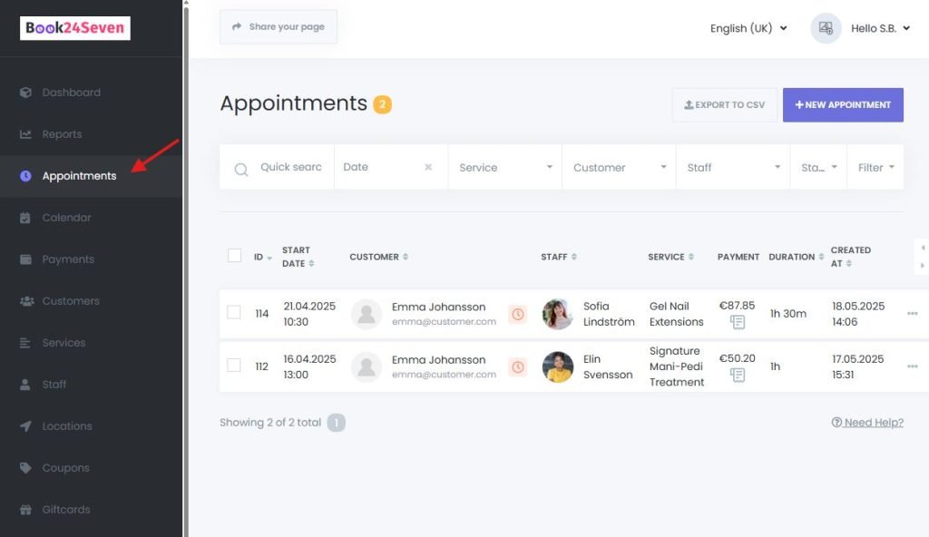 Book24Seven Appointments Menu — manage appointments in an online booking system