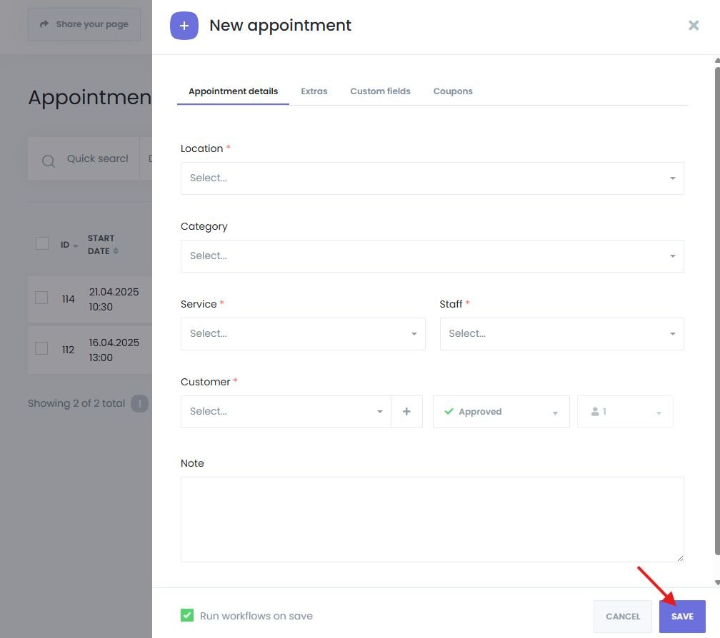 Save a new appointment manually in Book24Seven dashboard with all the details