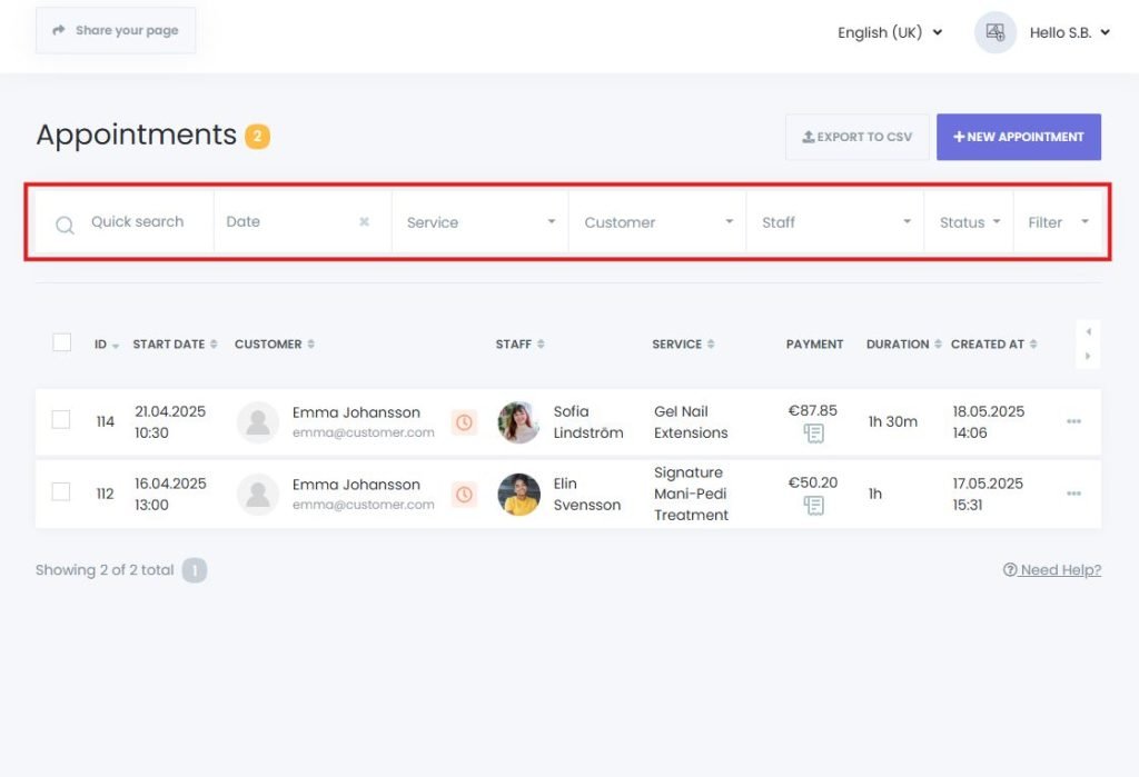 Search appointment details with service, staff, or time in Book24Seven