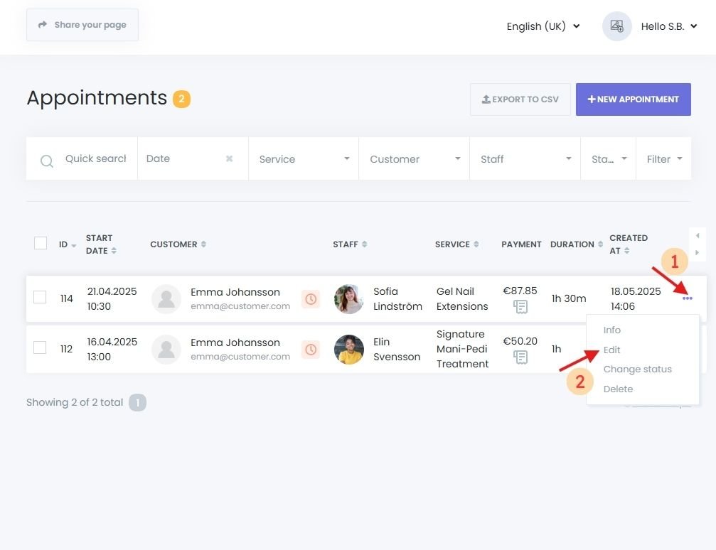 Edit appointment details such as service, staff, or time in Book24Seven