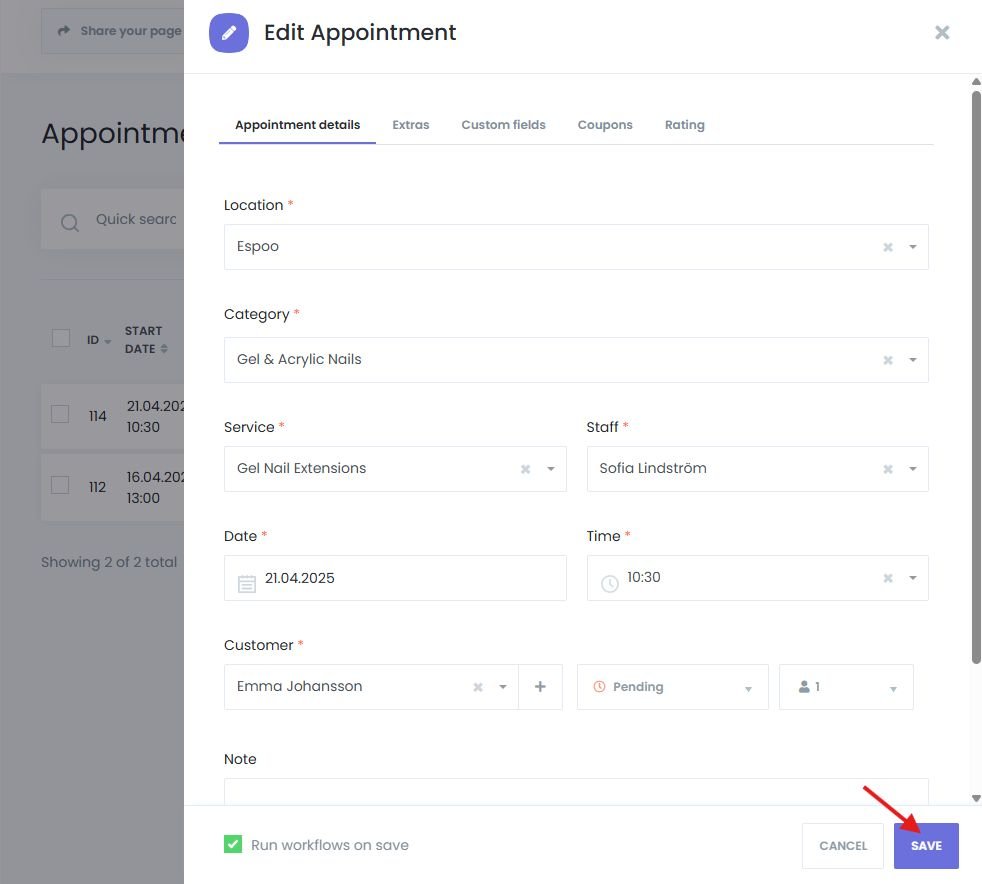 Saving appointment in Book24Seven