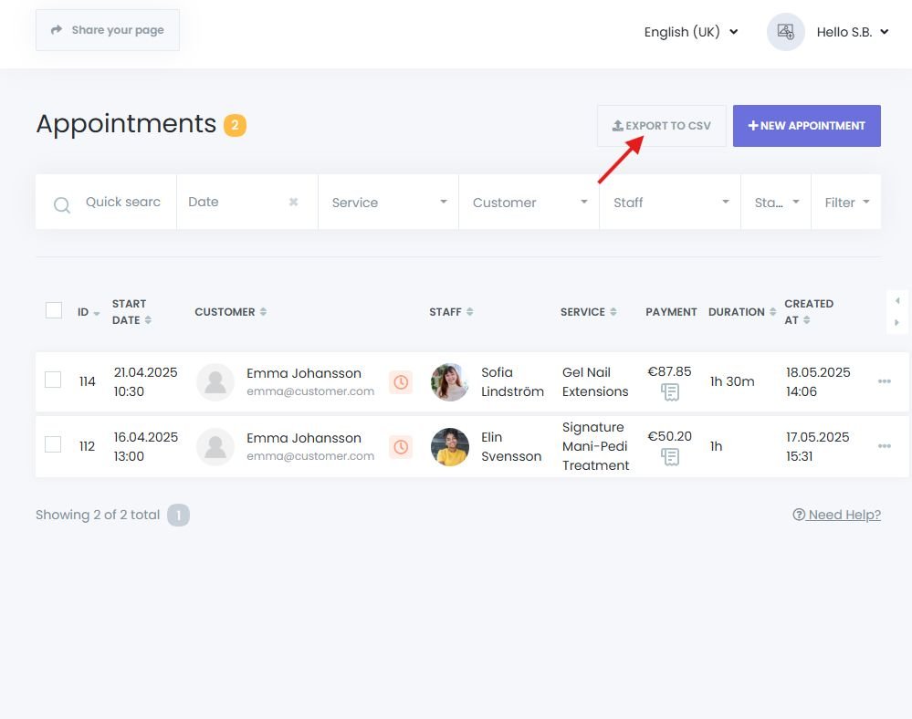 Export appointments as CSV from the Book24Seven dashboard