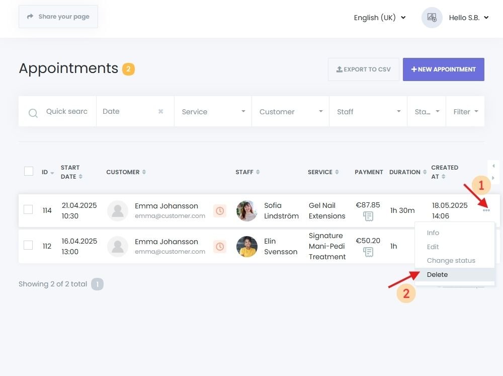Delete single appointments in Book24Seven Appointments Menu