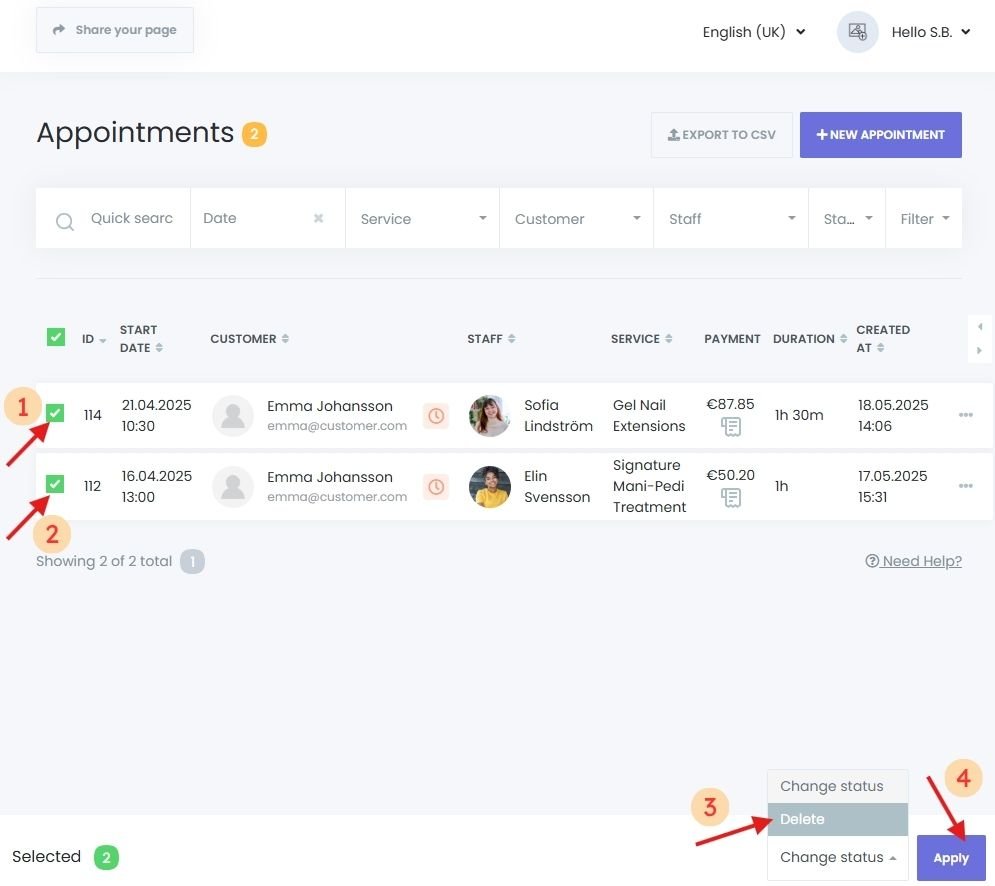 Delete multiple appointments in Book24Seven Appointments Menu