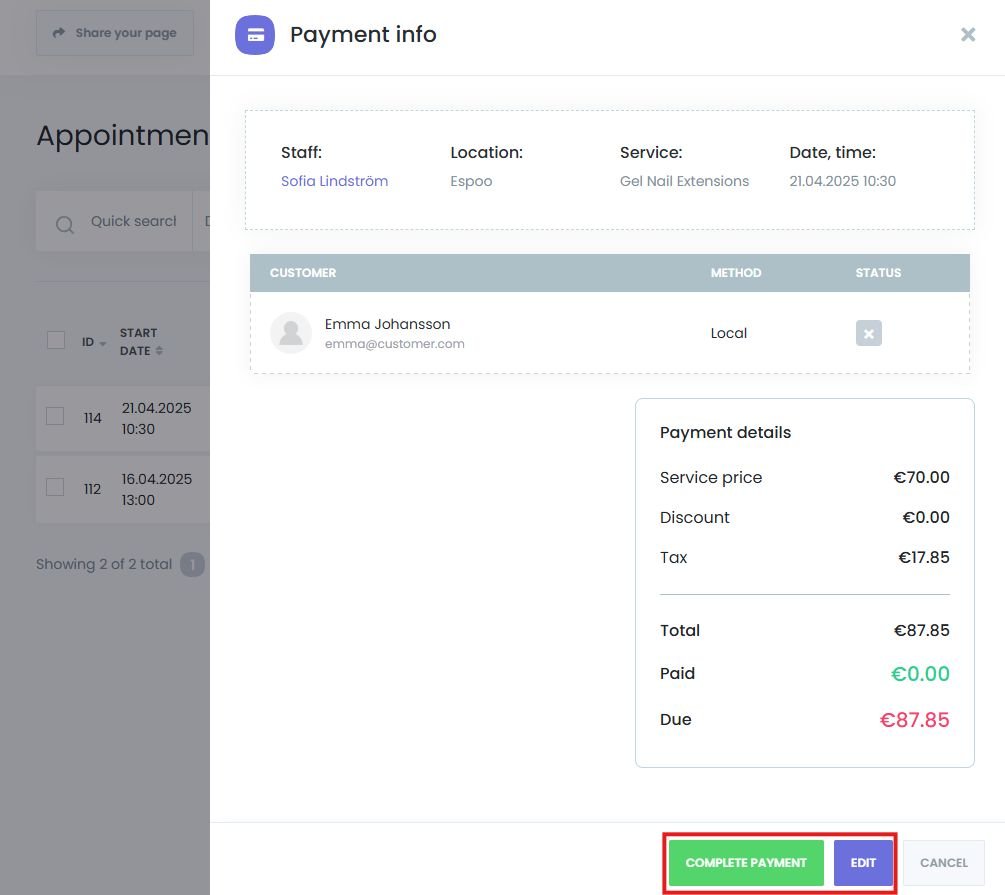 View payment information and transaction details for appointments in Book24Seven