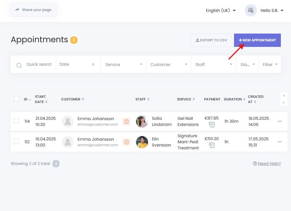 Create a new appointment manually in Book24Seven with service, staff, and time selection