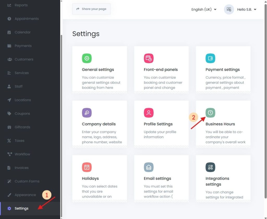 Book24Seven Business Hours settings screen