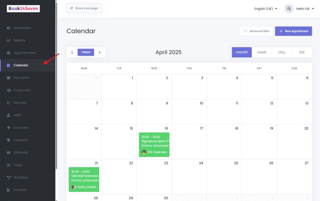 Viewing appointments in the calendar interface of Book24Seven