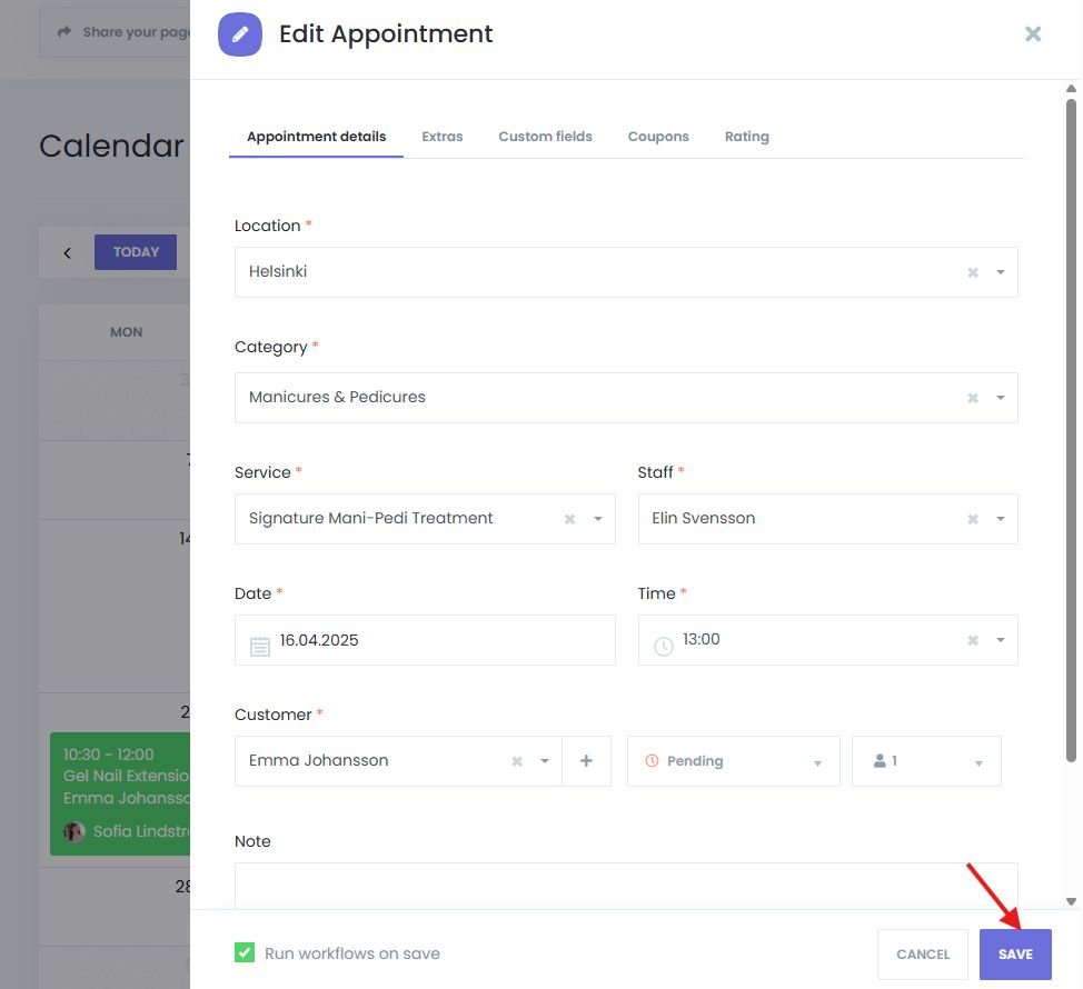 Saving an appointments directly from the Book24Seven calendar