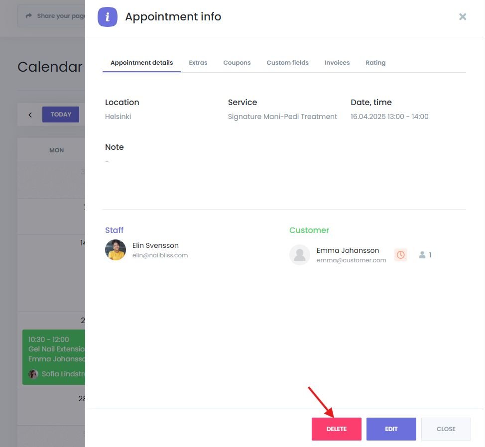 Deleting an appointments directly from the Book24Seven calendar module