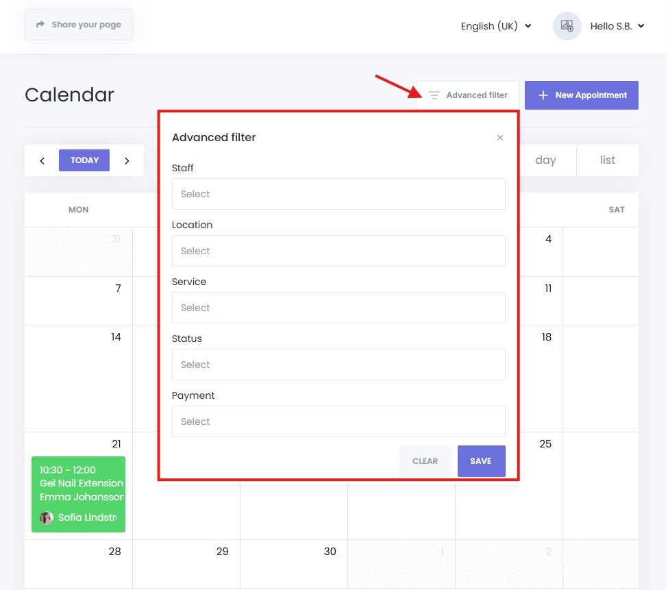 Advanced filtering and searching appointments in the Book24Seven calendar view