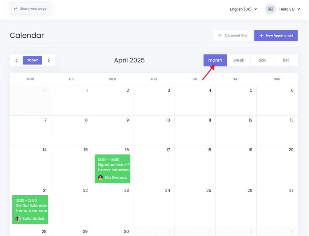 Monthly calendar views in Book24Seven appointment system