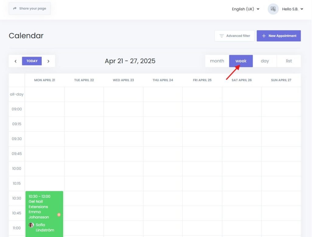 Weekly calendar views in Book24Seven appointment system