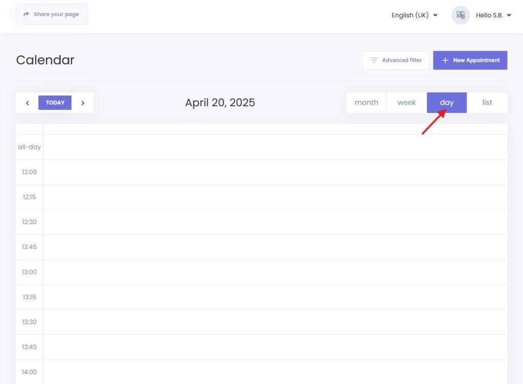Day calendar view in Book24Seven online booking system