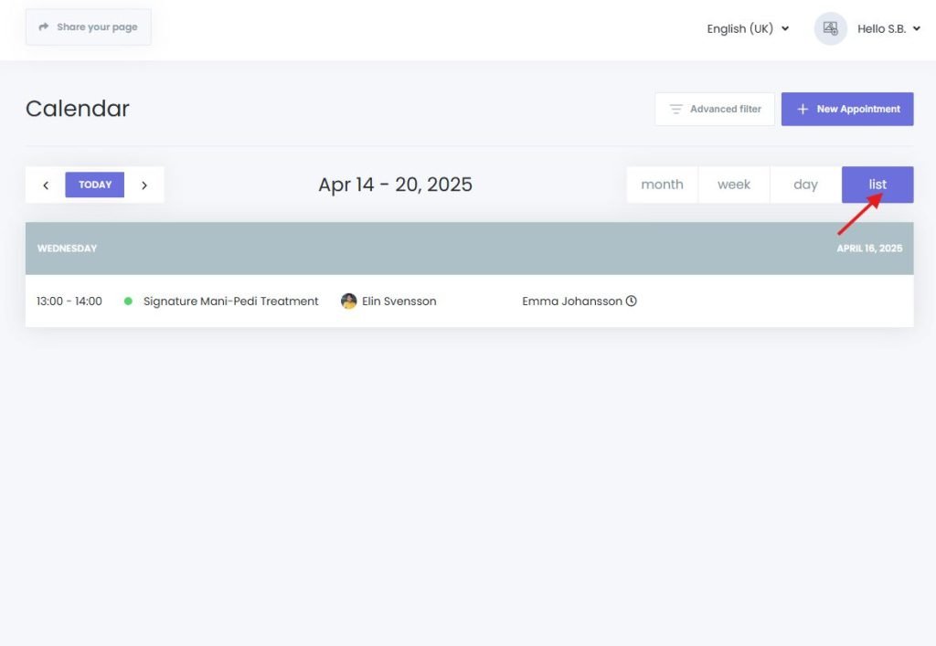 List view of the calendar in Book24Seven online booking system