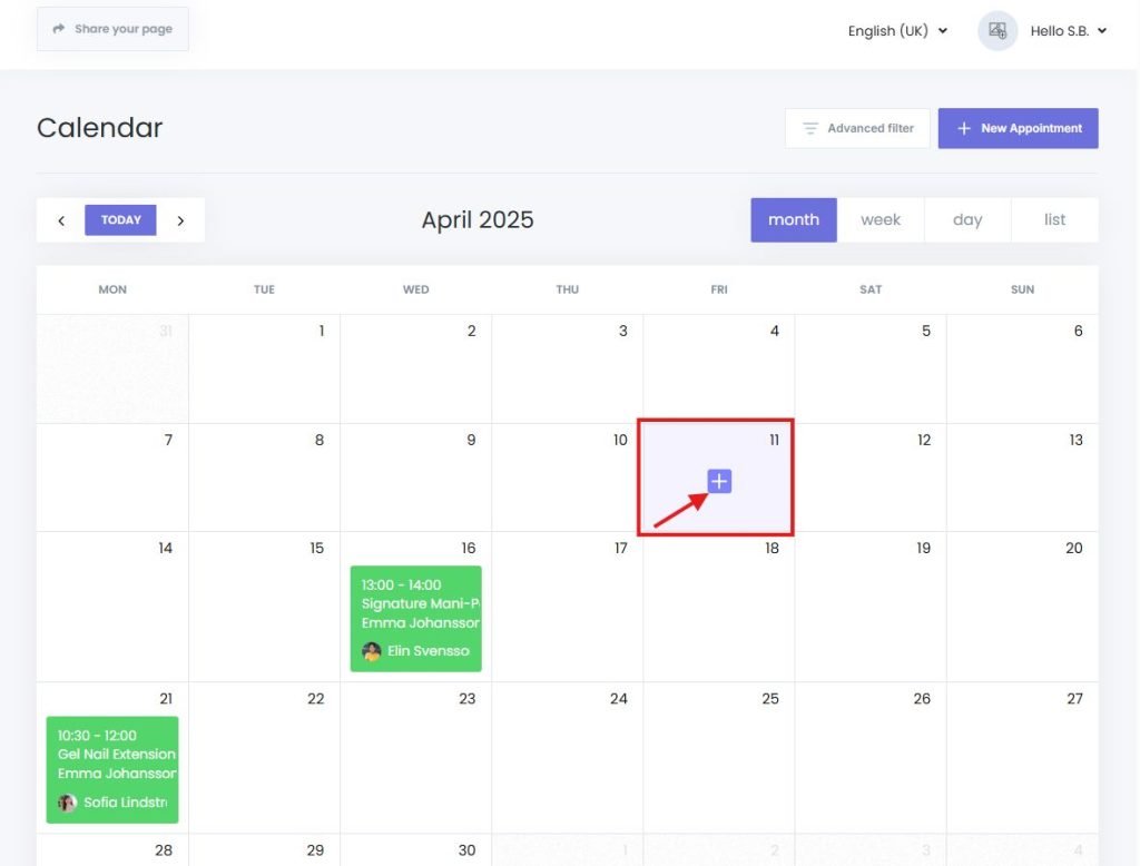 Creating a new appointment from the calendar module in Book24Seven