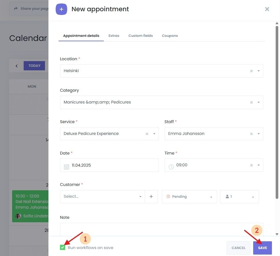 Filling the details of a new appointment from the calendar module in Book24Seven