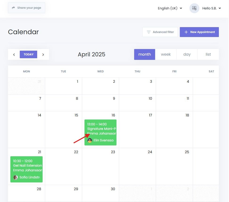 Filtering and searching appointments in the Book24Seven calendar view