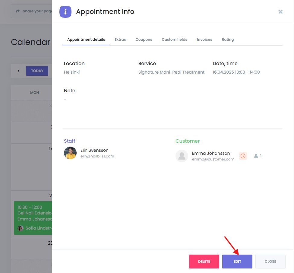 Editing or deleting appointments directly from the Book24Seven calendar