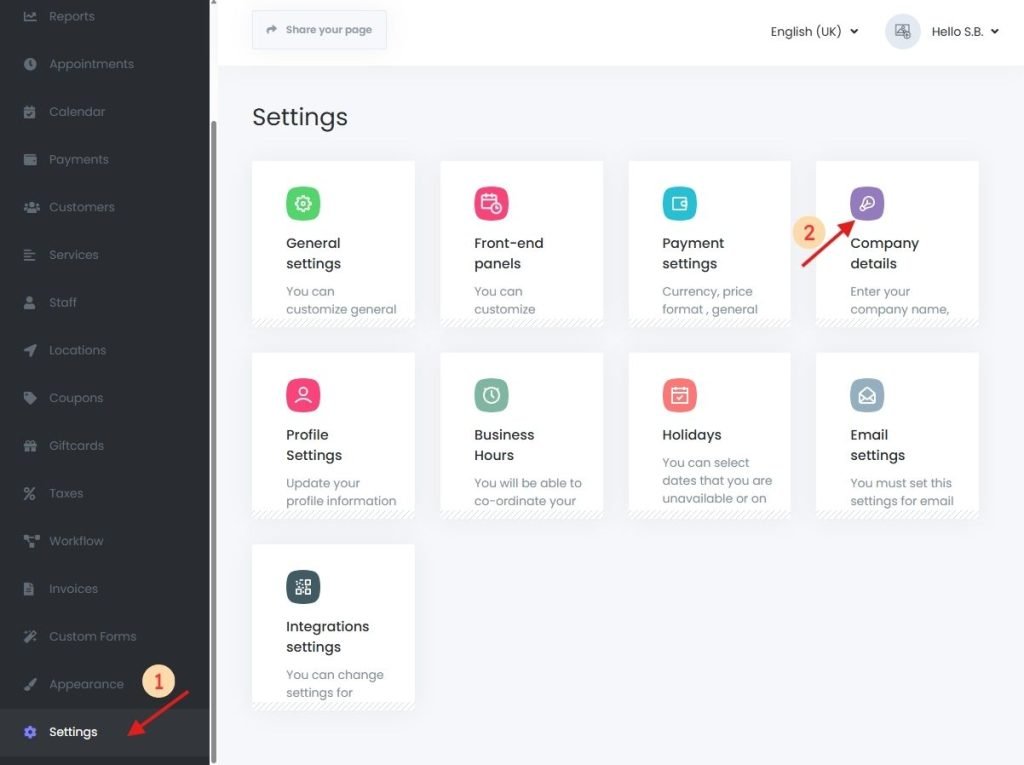 Accessing company details settings in Book24Seven online booking system