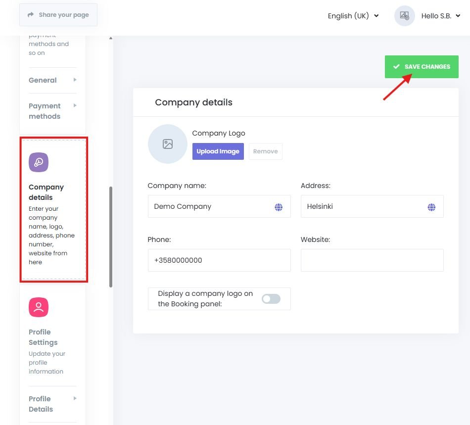 Editing company information fields in Book24Seven settings panel