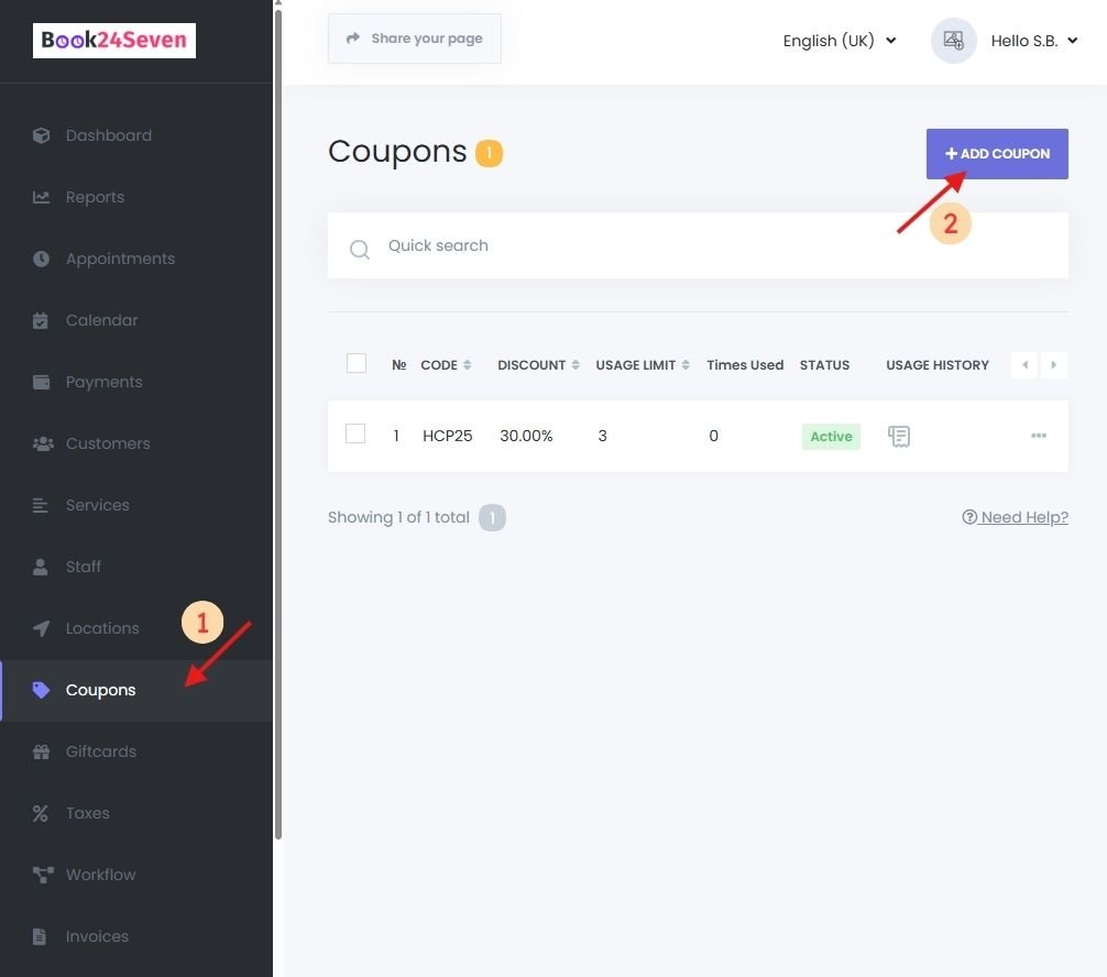 Book24Seven dashboard showing the Coupons module for managing discounts and promo codes in an online booking system