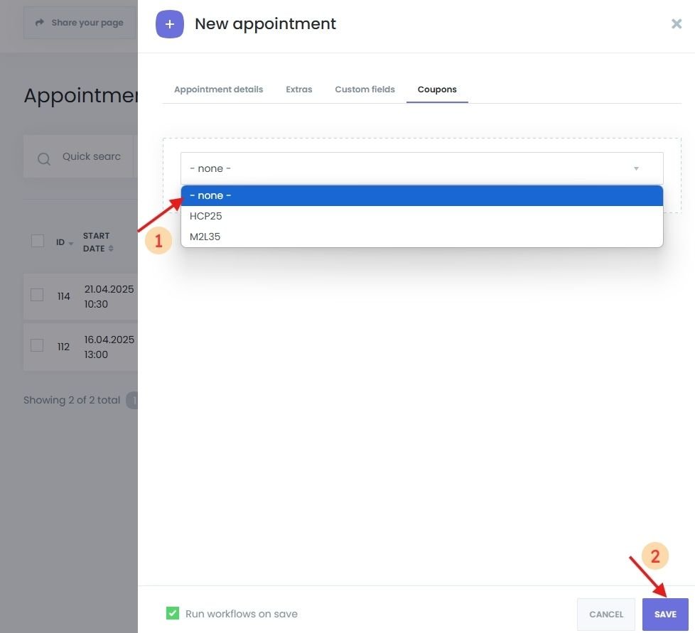 Removing a coupon discount from an existing appointment in the Book24Seven dashboard