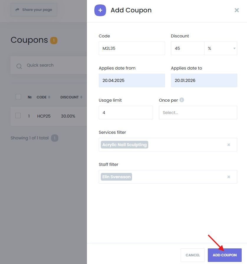Add new coupon form in Book24Seven with fields for code, discount type, and usage limits. Configuring coupon details including date range, services, and staff filters in Book24Seven