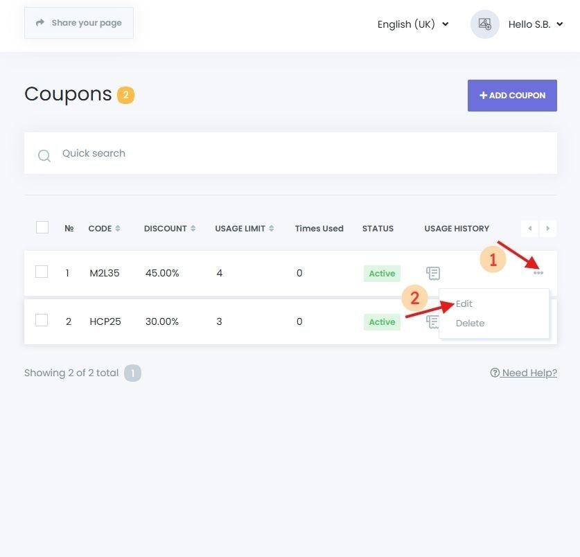Coupon list view in Book24Seven dashboard with options to edit discount codes
