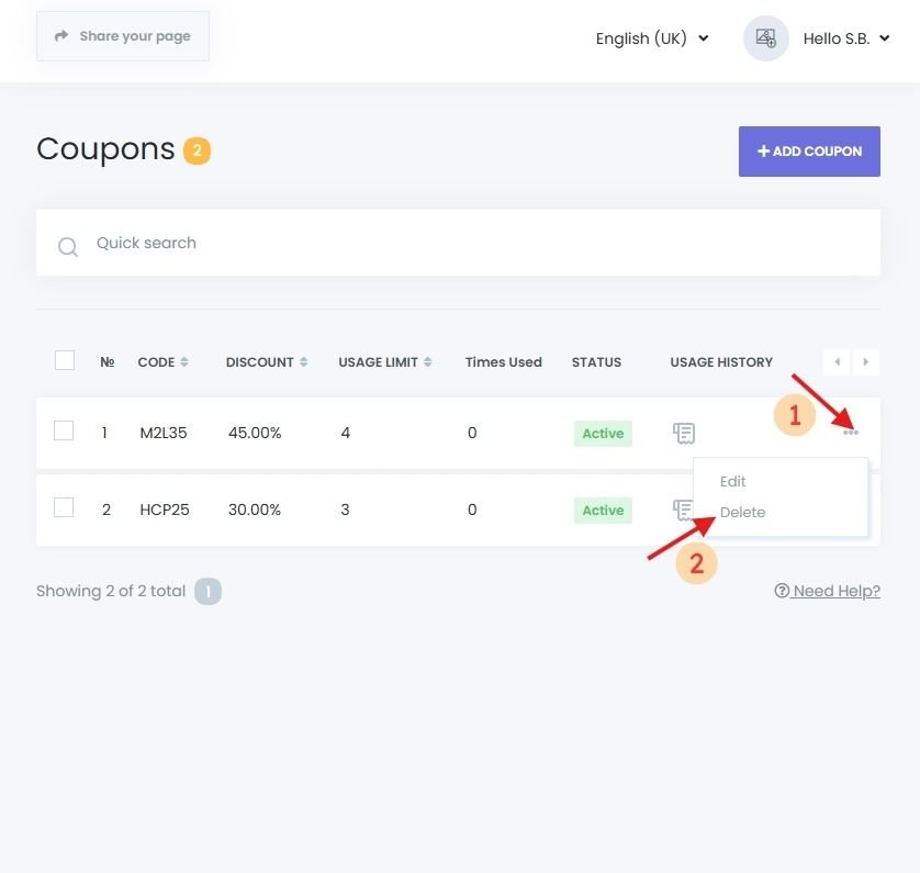 Coupon list view in Book24Seven dashboard with options to delete discount codes