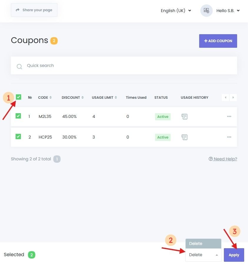 Coupon list view in Book24Seven dashboard with options to bulk edit delete discount codes