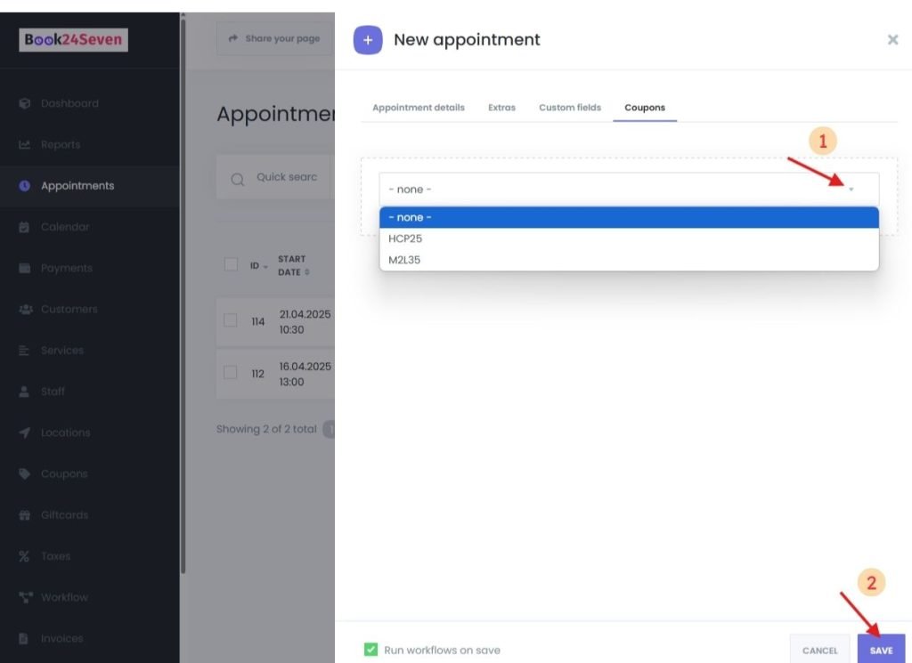 Applying a coupon during appointment creation in the admin panel of Book24Seven
