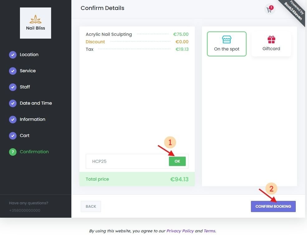 Customer using a coupon code during online booking through the Book24Seven booking panel