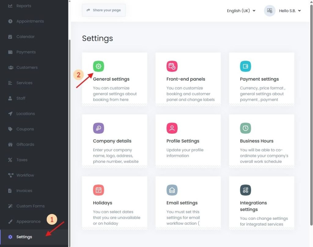 Accessing general settings in Book24Seven online booking system