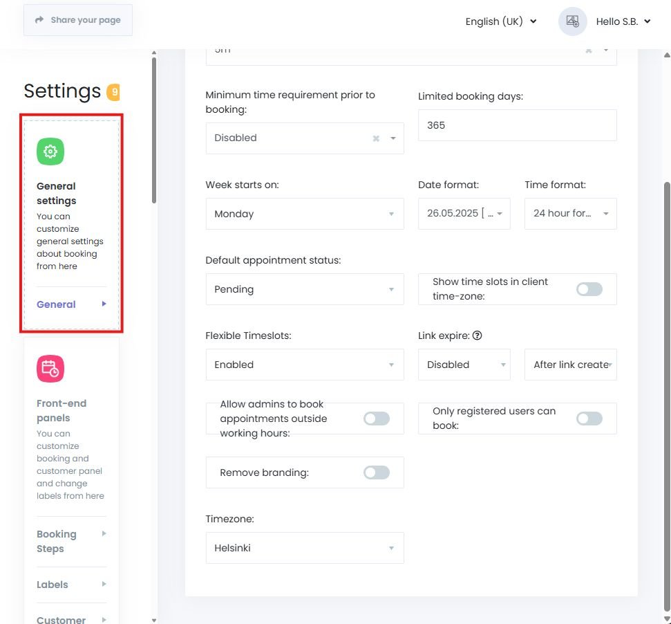 More options in Book24Seven general settings view