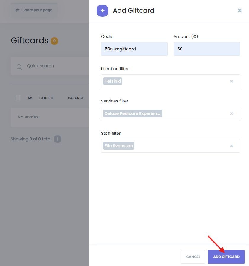 Gift card settings panel in Book24Seven where users configure code, value, and filters for services or locations.