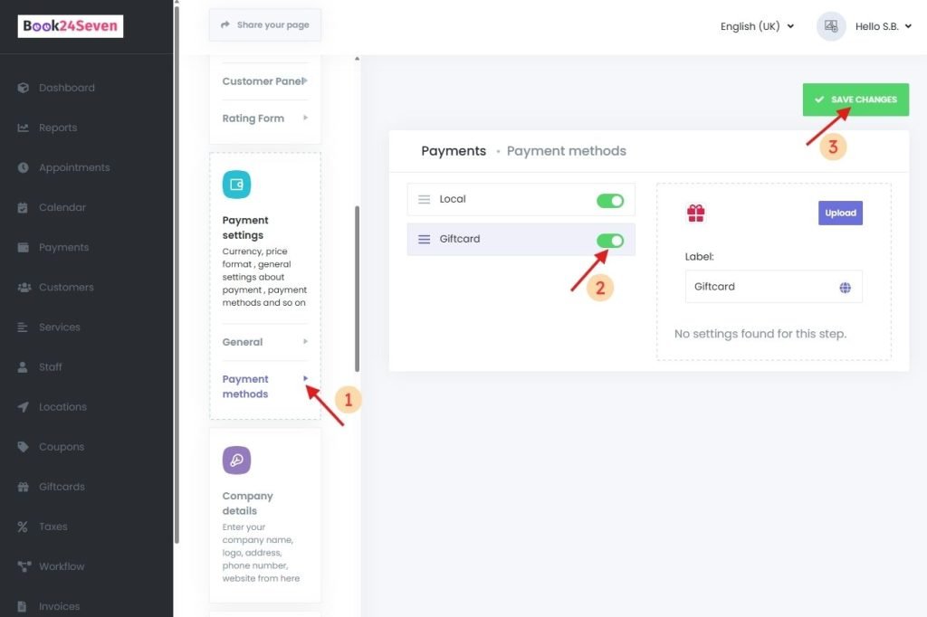 Enabling gift card as a payment method in Book24Seven payment settings.