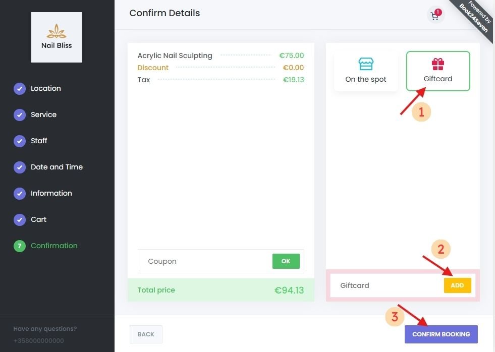Customer entering a gift card code during the online booking process in Book24Seven.