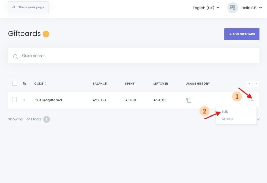 Admin panel view showing a list of active gift cards, usage history, and available actions in Book24Seven.