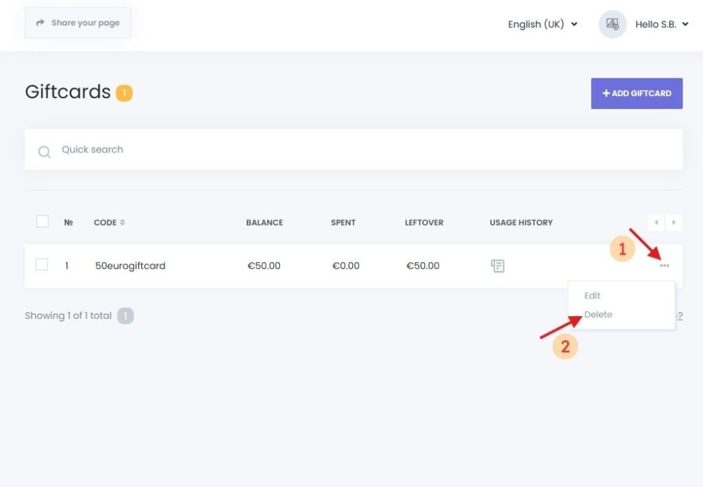 Editing and Deleting a gift card in Book24Seven dashboard