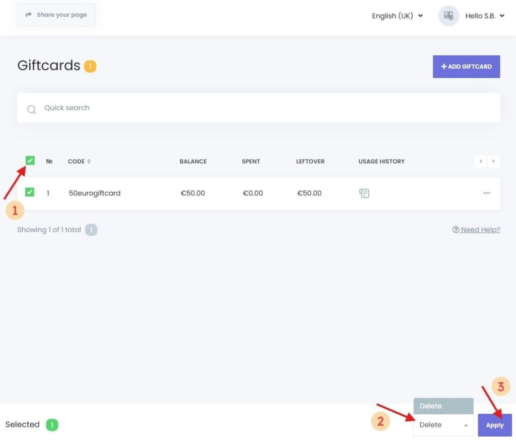 Bulk deleting a gift card in Book24Seven dashboard