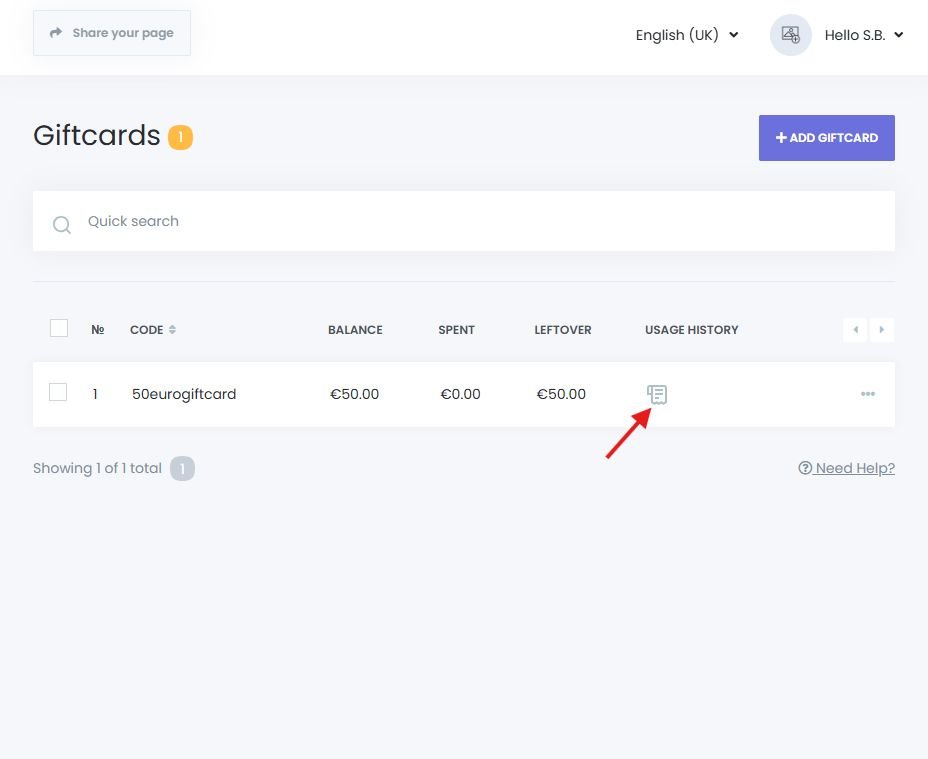 Gift card usage history view showing redeemed appointments and balance tracking in Book24Seven.