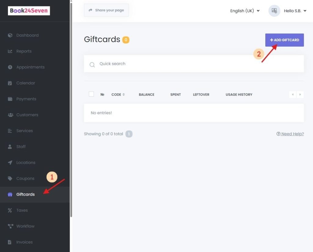Book24Seven dashboard showing the Gift Cards module for managing digital gift cards in an online booking system.