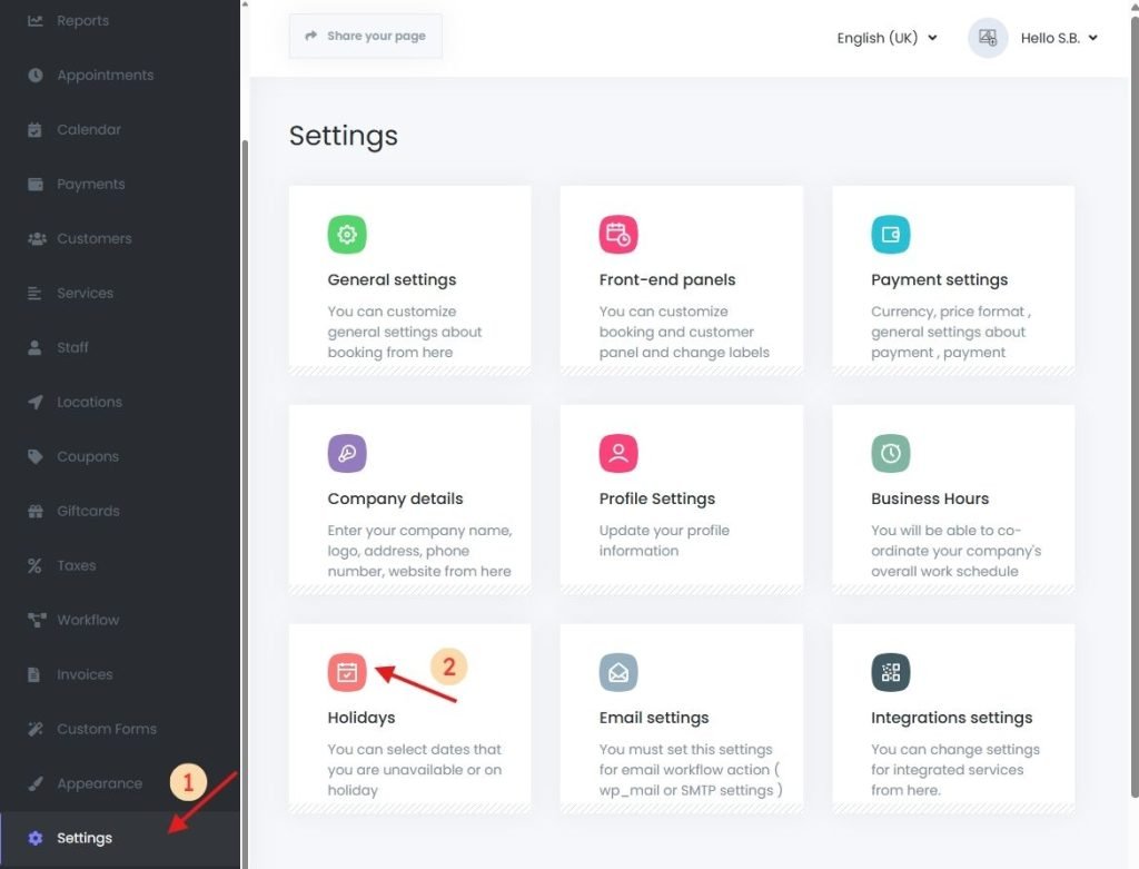 Book24Seven dashboard showing where to access the Holiday Settings tab to manage non-working days.