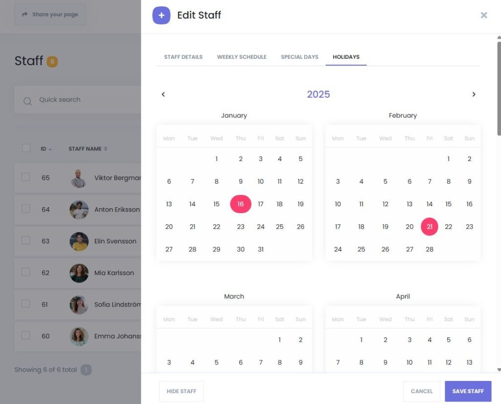 Example of setting holidays for specific staff members in the Book24Seven booking app.