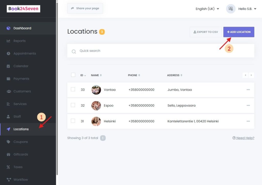 Add New Location button in Book24Seven dashboard for managing multiple business locations