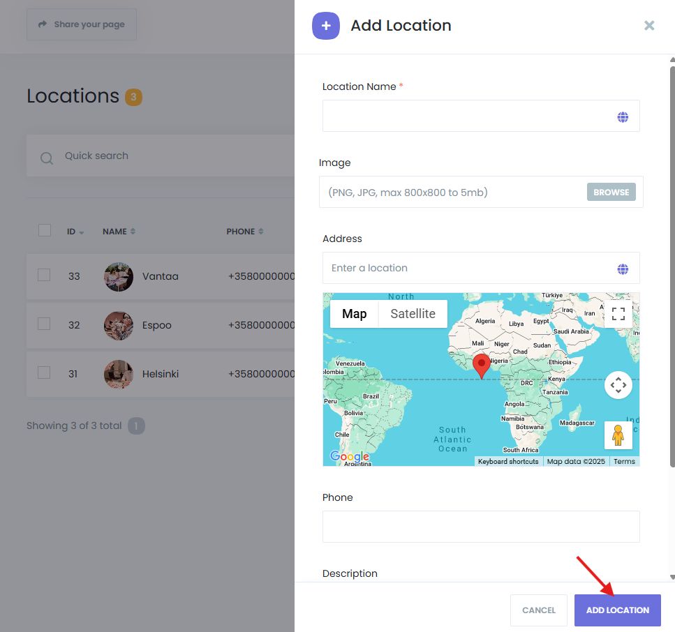 Location details form in Book24Seven showing name, address, phone number, and map selection