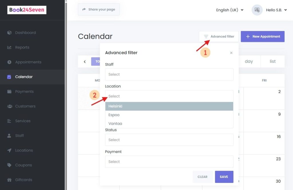 Filtering and assigning staff members to specific business locations in Book24Seven settings