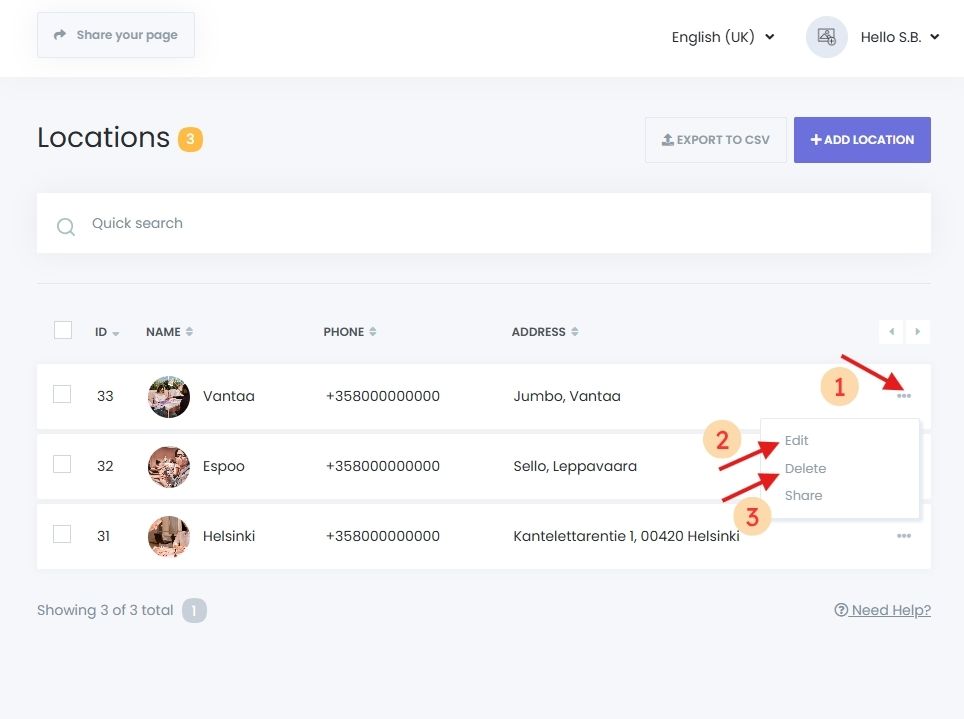 Admin panel view of multiple locations added in Book24Seven appointment booking system