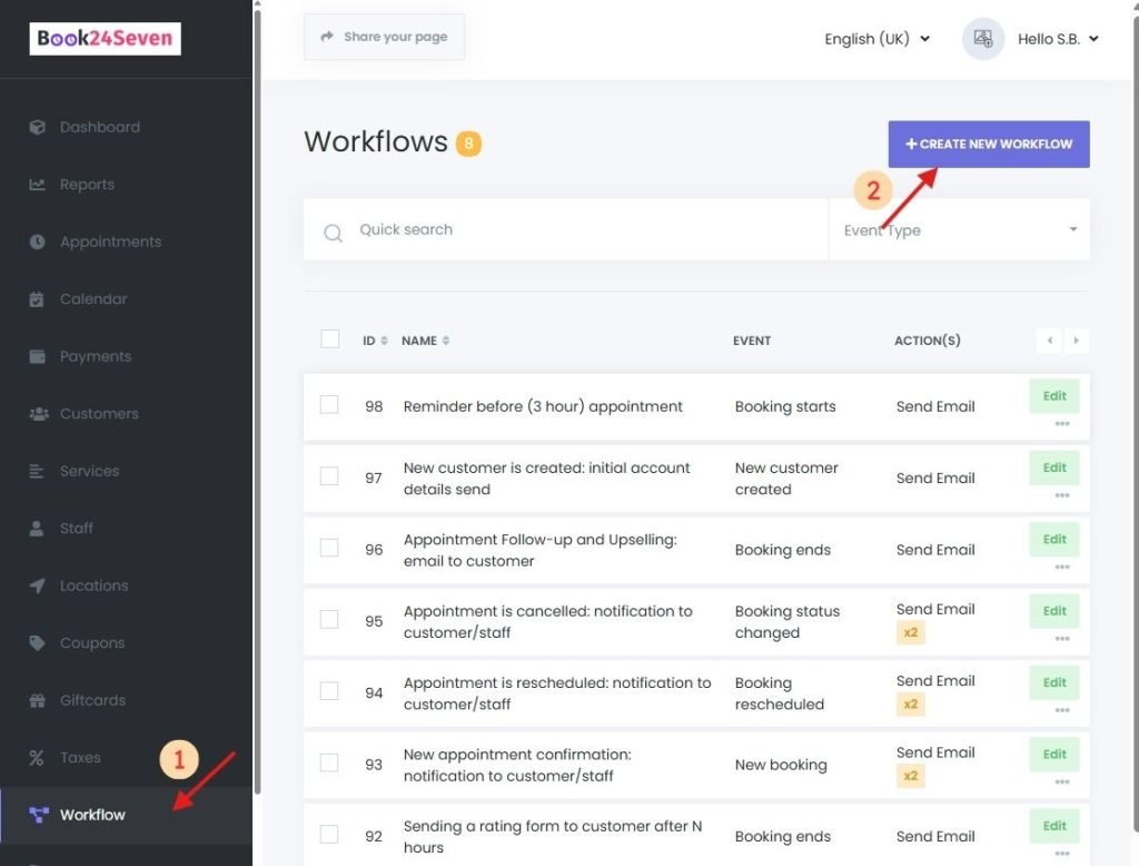 Creating a new workflow for appointment reminders in Book24Seven